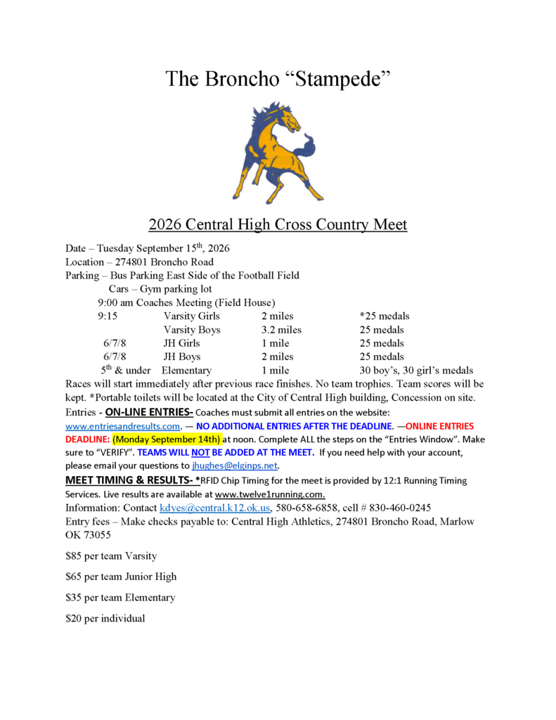 A flyer describing the Broncho Stampede Cross Country Meet to take place at Central High School on Tuesday September 15th